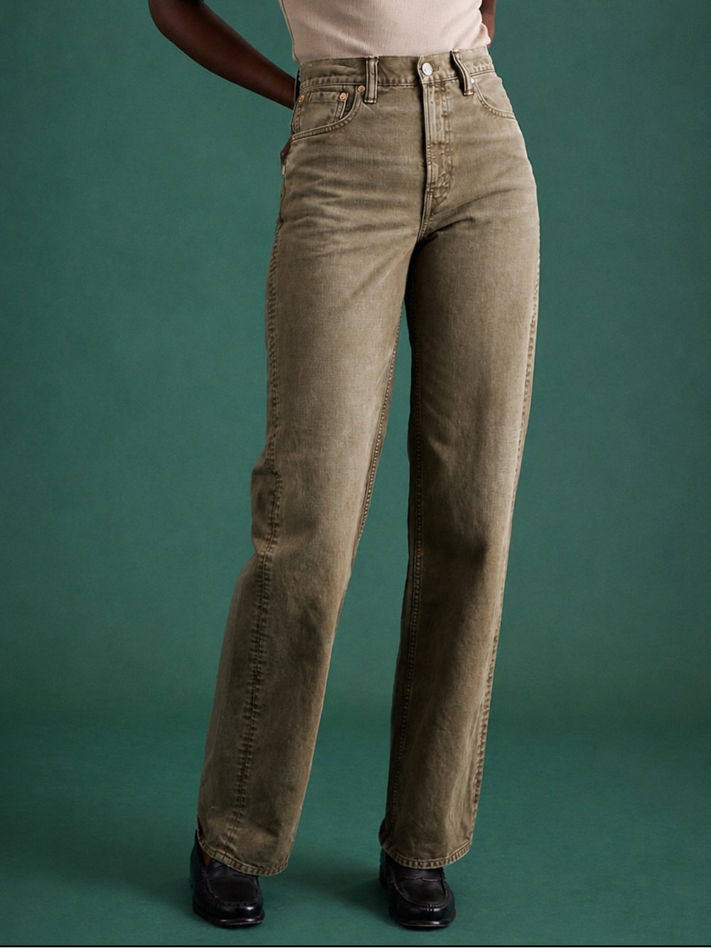AE77 American Eagle Stovepipe Jeans 00 Olive High Rise Wide Leg Organic Cotton